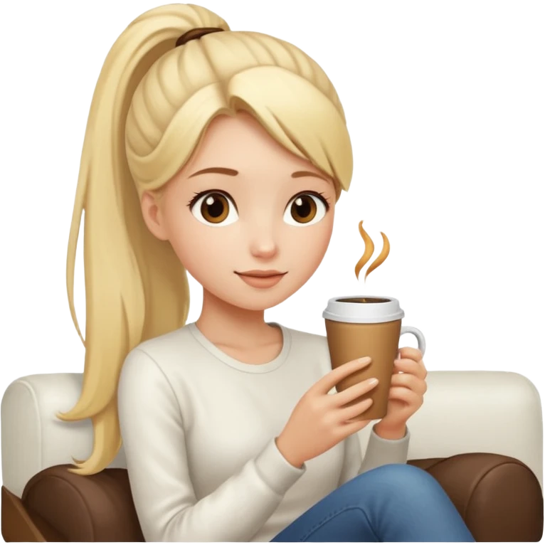 girl with long blonde ponytail enjoying coffee on white couch emoji