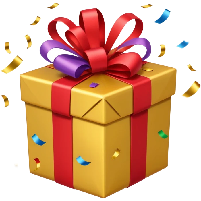 present with gold wrapping and red ribbon with top off and confetti coming out emoji