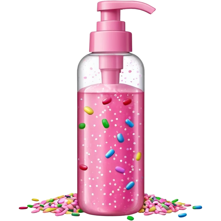 Pink shower gel light pink bottle with sprinkles and confeti on the bottle with a flip cap emoji