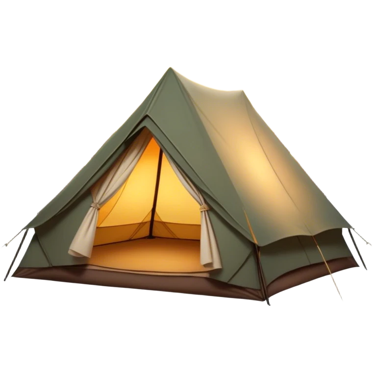 Cinematic Realistic Tent, a sturdy canvas tent nestled among tall trees, warm golden light spilling from inside, gentle folds in the fabric visible, glowing against the cool, dark forest backdrop, evoking a sense of adventure and comfort. emoji