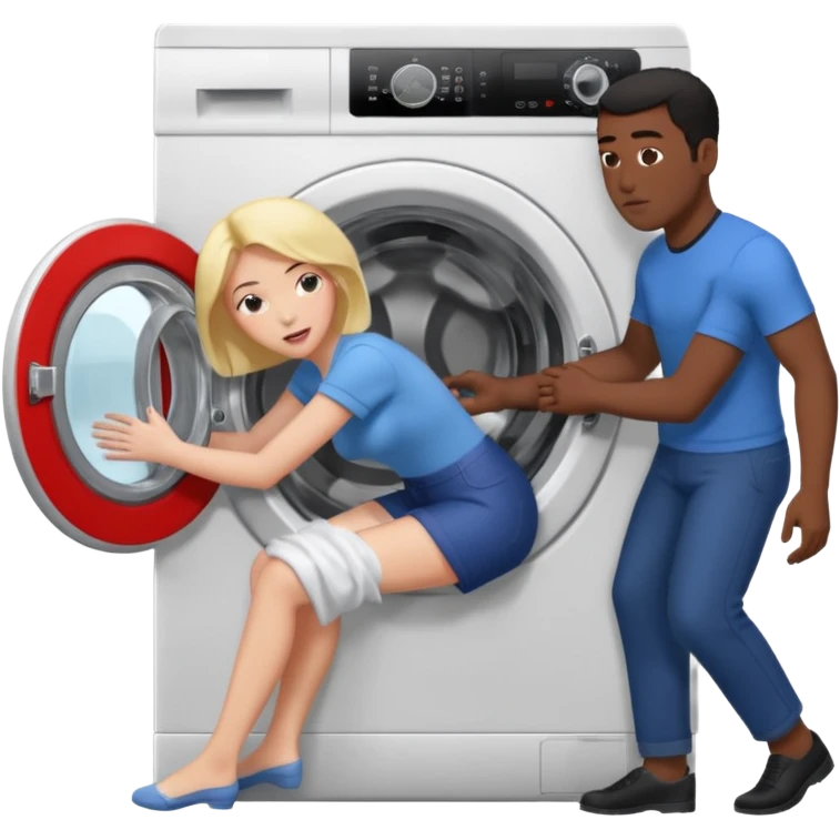 Eine Frau steckt bis zum Bauch in einer Waschmaschine fest und nur die Beine gucken raus und zwei schwarze männer ziehen an ihren Beinen um sie raus zu holen  emoji