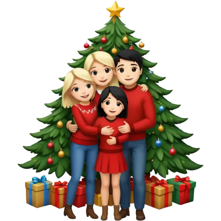 Generate Christmas-style emojis  family. Where light-skinned people stand near the tree all together, hugging and smiling. 2 girl should be Light-haired woman, 1 woman black-haired woman, and 1 man  emoji
