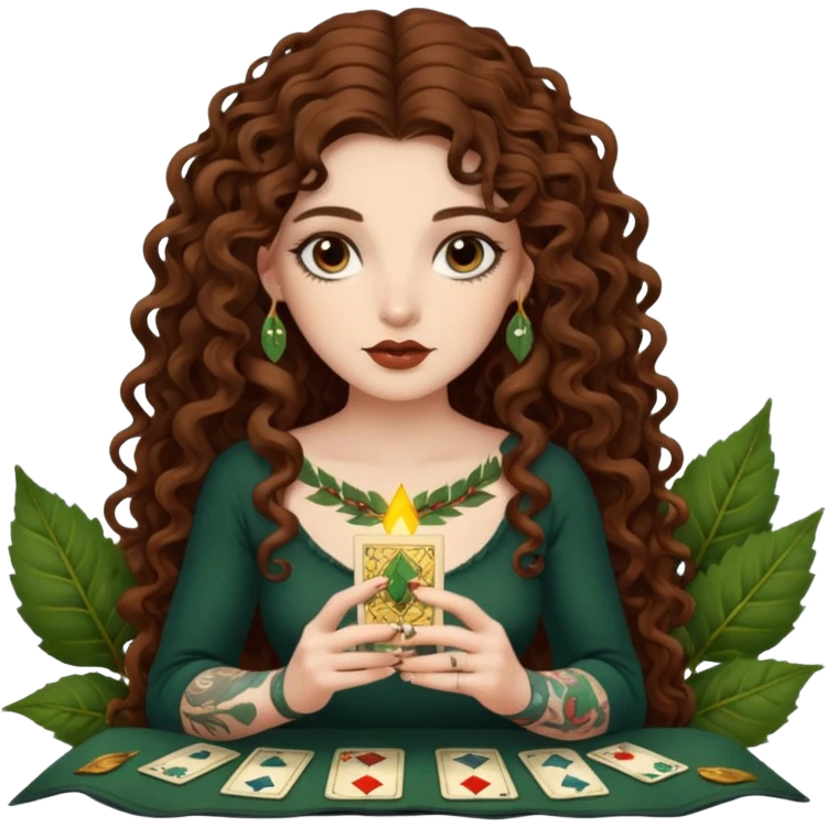woman with long curly brown hair, brown eyes, white skin, tattoos, reading tarot cards made of leaves  emoji