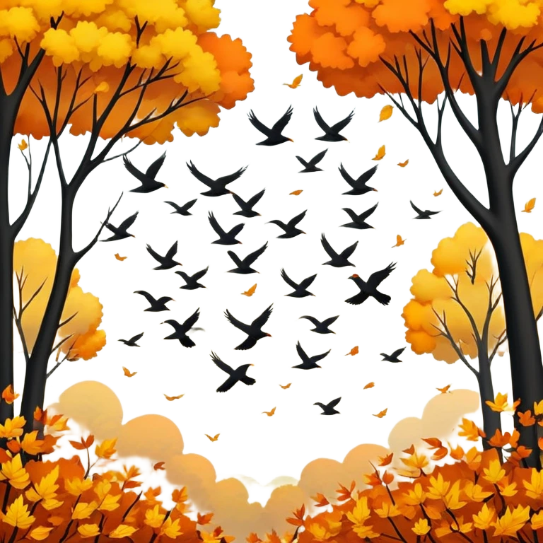 a flock of birds flying above trees with orange and yellow leaves, autumn scene emoji