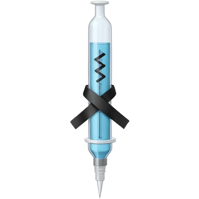 Minimalist emoji-style sticker of a medical syringe with a black tape X across it. Symbol of silence. Desaturated tones.
 emoji