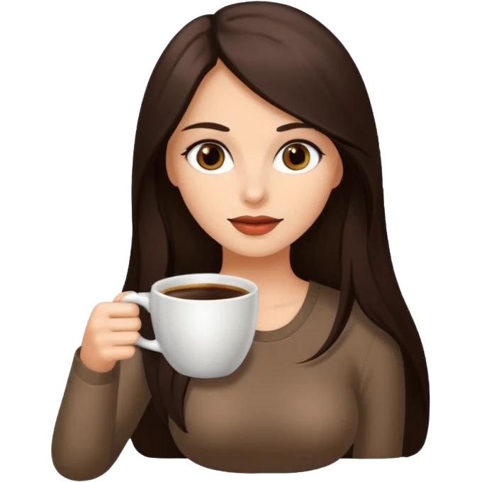 Straight Dark Brown long haired sexy woman with dark brown eyes with cup of coffee emoji