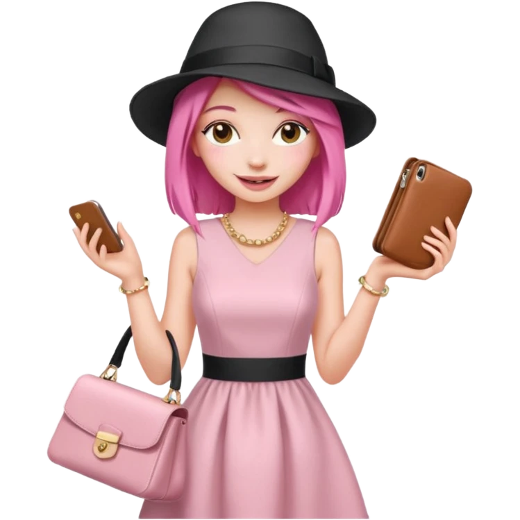 emoji of a young fashionable woman, straight pink hair, wearing a hat and a chic dress, playful smile emoji