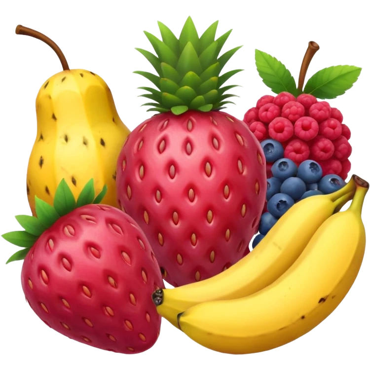 strawberry, blueberry, raspberry, banana, mango, pineapple pink lady apple playing emoji