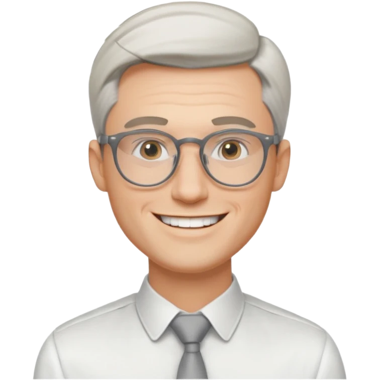 30 yr old pale white man, white/grey side swept stylish hair, round glasses, big smile, white teeth, handsome, longer hair, thin glasses, white dress shirt, smooth forehead, botox emoji