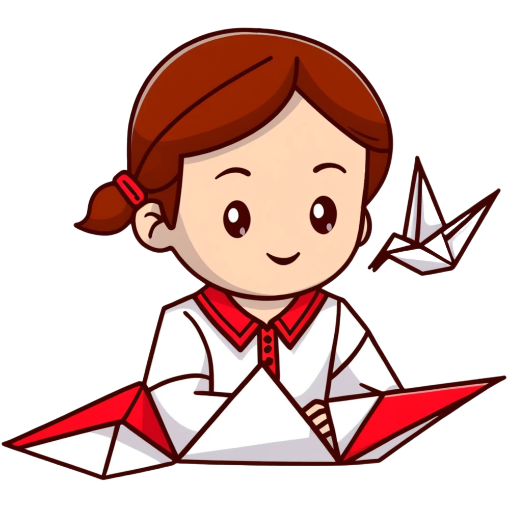 A happy Ukrainian young girl with brown hair in a white embroidered shirt makes an origami red crane craft emoji