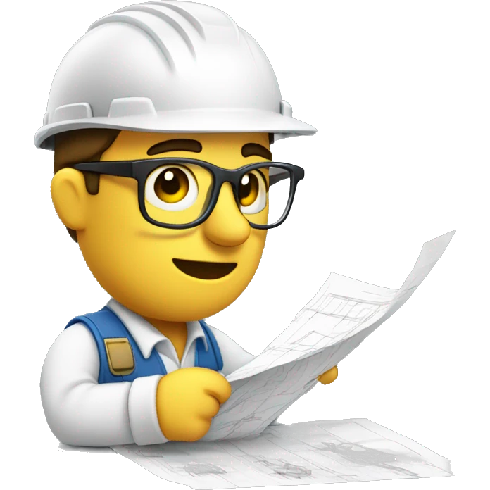 Builder looking at blueprints, he has his glasses resting on his nose and he looks cofused emoji