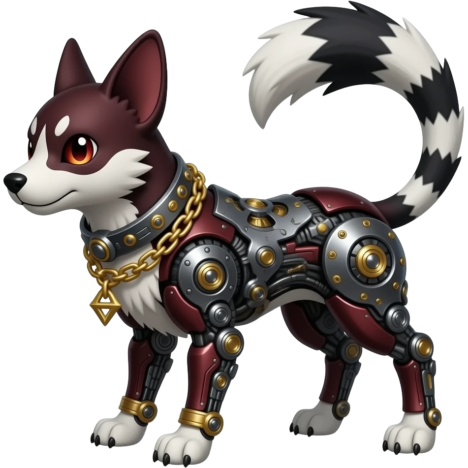 Quadrupedal Epic complex divine glorious futuristic detailed dark dusky gloomy deep gothic sanguine-blood-maroon-black-white, realistic Fakémon-Sprigatito-Floragato-Meowscarada-Trico-Sergal-Serval-Vernid-creature (full body) with metal gears and metal collar with gold chains emoji
