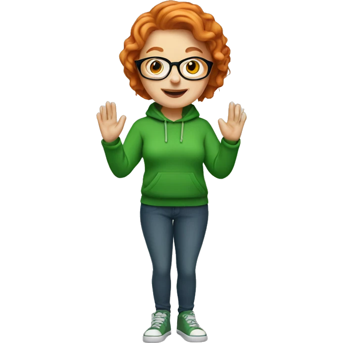 Short hair ginger lady with glasses, wearing a green hoodie, waving emoji