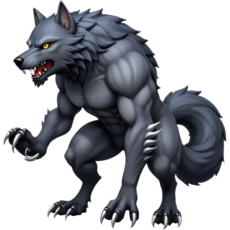 cinematic-noble-fierce-werewolf-full body on all fours-emoji, poised-and-imposing, with a tall, lean, and muscular wolfish frame inspired by the brutal, imposing shape of the beast from Berserk, fur rippling in shades of midnight black and silver, massive paws with razor-sharp claws, elongated limbs and fangs, eyes glowing with an intense, primal ferocity, reflecting the untamed power of the wild moonlit night; rendered with realism like a wolf hunched over emoji