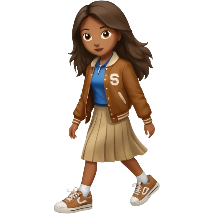 black color long hair girl with brown varsity jacket and long skirt walking  emoji