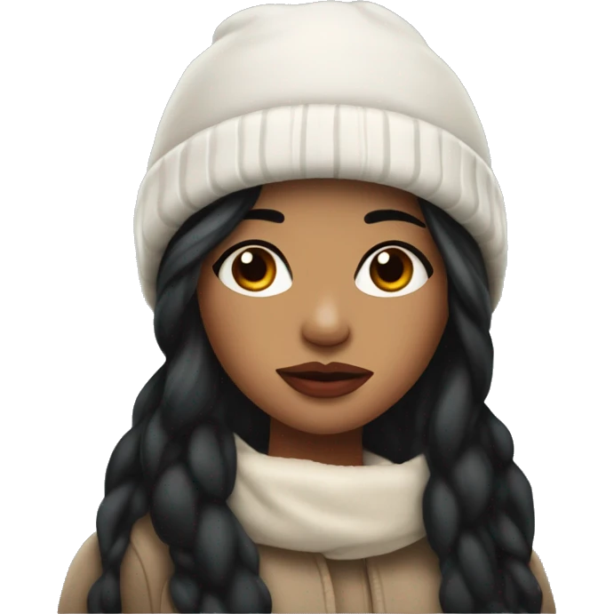 beautiful girl with long flowy black hair and pouty reddish lips wearing winter hat emoji