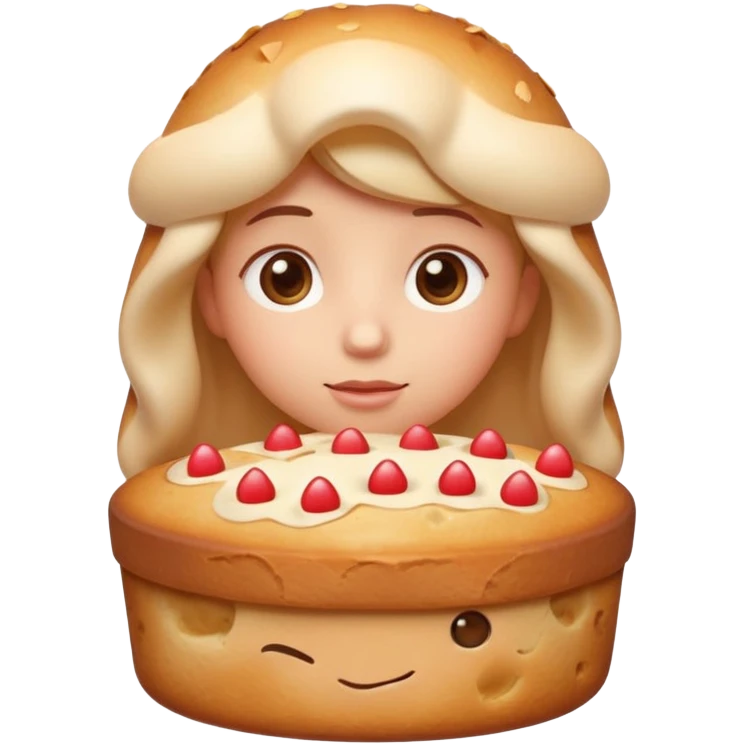 Apple-style emoji illustration of a cuteperson  with dreamy eyes thinking of a traditional panettone, small hearts floating around, soft 3D emoji style, smooth gradients, rounded shapes, warm festive colors, simple expression, centered composition, transparent background, no text. emoji