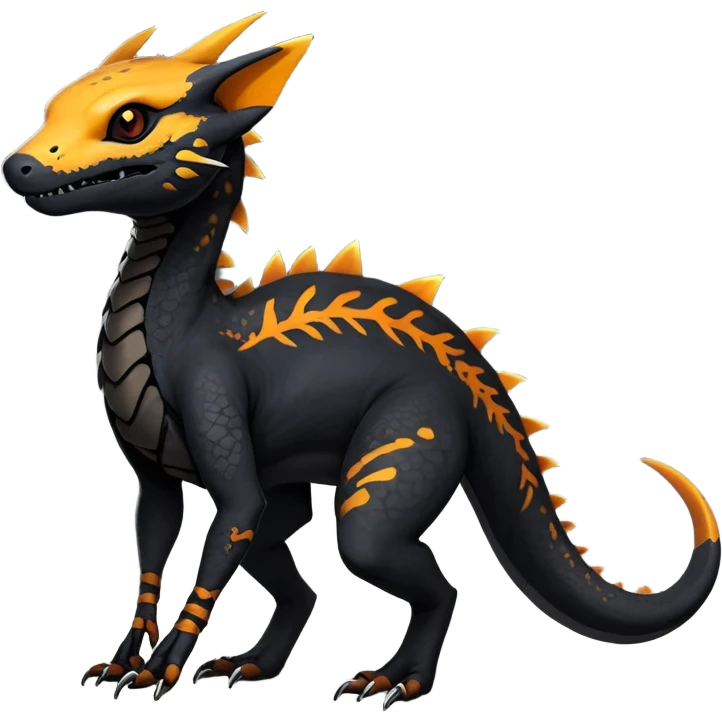 Rare realistic exotic edgy dark gothic gloomy spooky black and orange/yellow epic pretty beautiful handsome gorgeous aesthetic colorful vibrant Vernid-Trico-species-Fakemon-Salandit-hybrid-creature by LiLaiRa, 4 legs, 1 tail, random markings, (full body) emoji