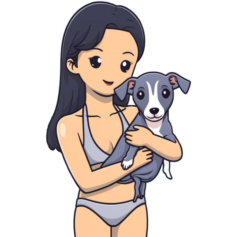 Slim Chinese woman with long black hair in pool attire at an indoor swimming pool with her Italian greyhound that is COMPLETELY and ENTIRELY solid dark grey, with ABSOLUTELY ZERO white markings anywhere on its entire body including face, nose, chest, paws - 100% uniform dark grey color only emoji