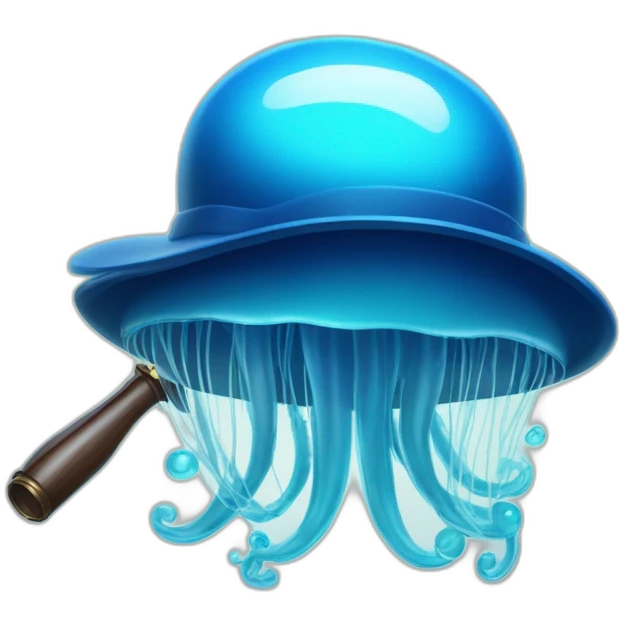 A translucent blue jellyfish with a classic detective's fedora and a magnifying glass, floating. emoji