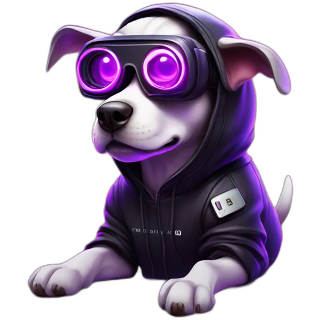 funny dog wearing a black hoodie with "OMG" letters on it and VR headset in a cyberpunk VR environment with violet neon lighting. emoji