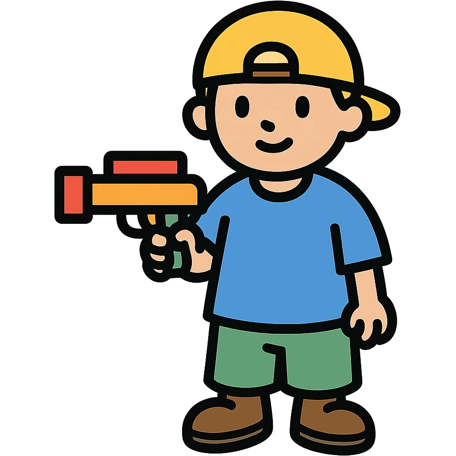 little white kid in baggy clothes, holding a toy gun, outlined icon emoji