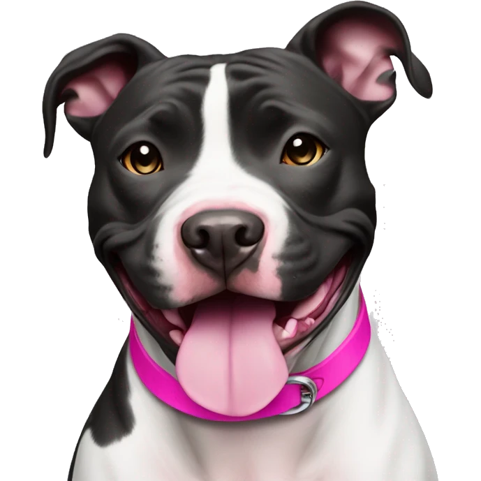 Black and white pit bull smiling with pink collar emoji
