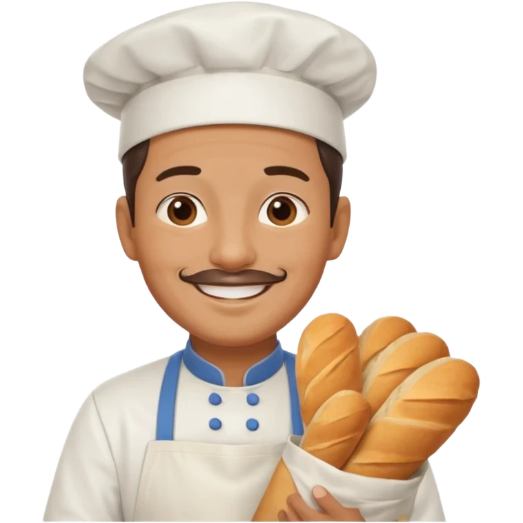 Middle aged male pastry chef - apron, white hat, holding a bag of bread emoji