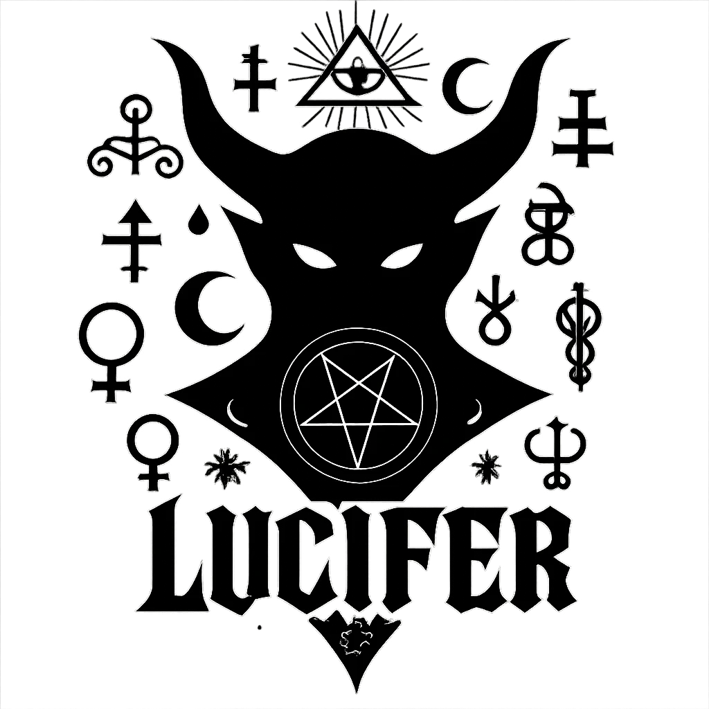Add more occult symbols to Lucifer's emblem, gothic style, with a horned silhouette and glowing eyes, dark and striking. The emblem should have a transparent background. emoji