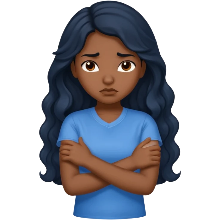 Hispanic girl with dark, long, wavy hair crossing her arms and pouting emoji