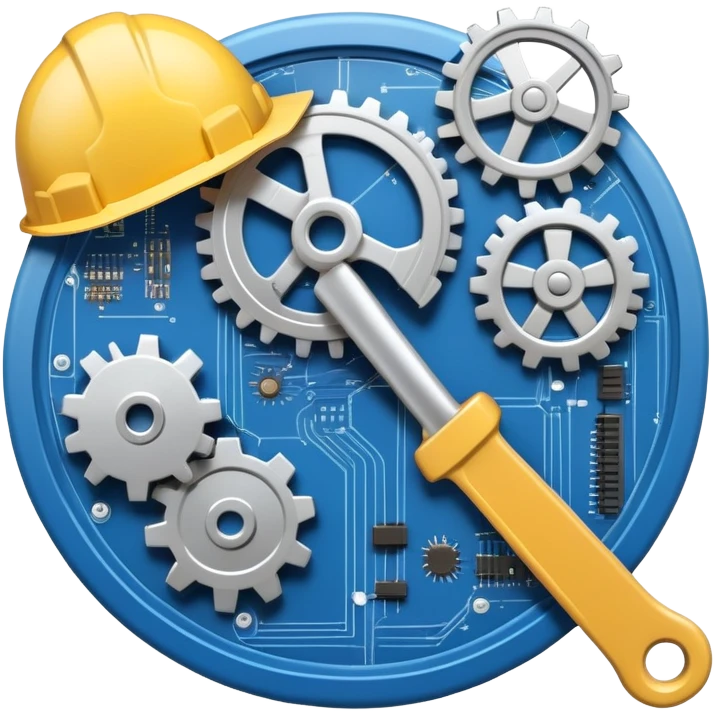 An icon featuring a gear, a wrench, and a blueprint, symbolizing engineering. The design includes a hard hat, a circuit board, and a ruler, representing problem-solving, design, and technological innovation across various engineering fields. Transparent background emoji