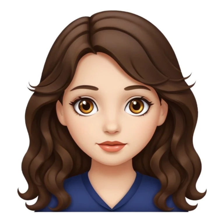 a girl with long wavy brunette hair, hazel eyes, cute make up emoji