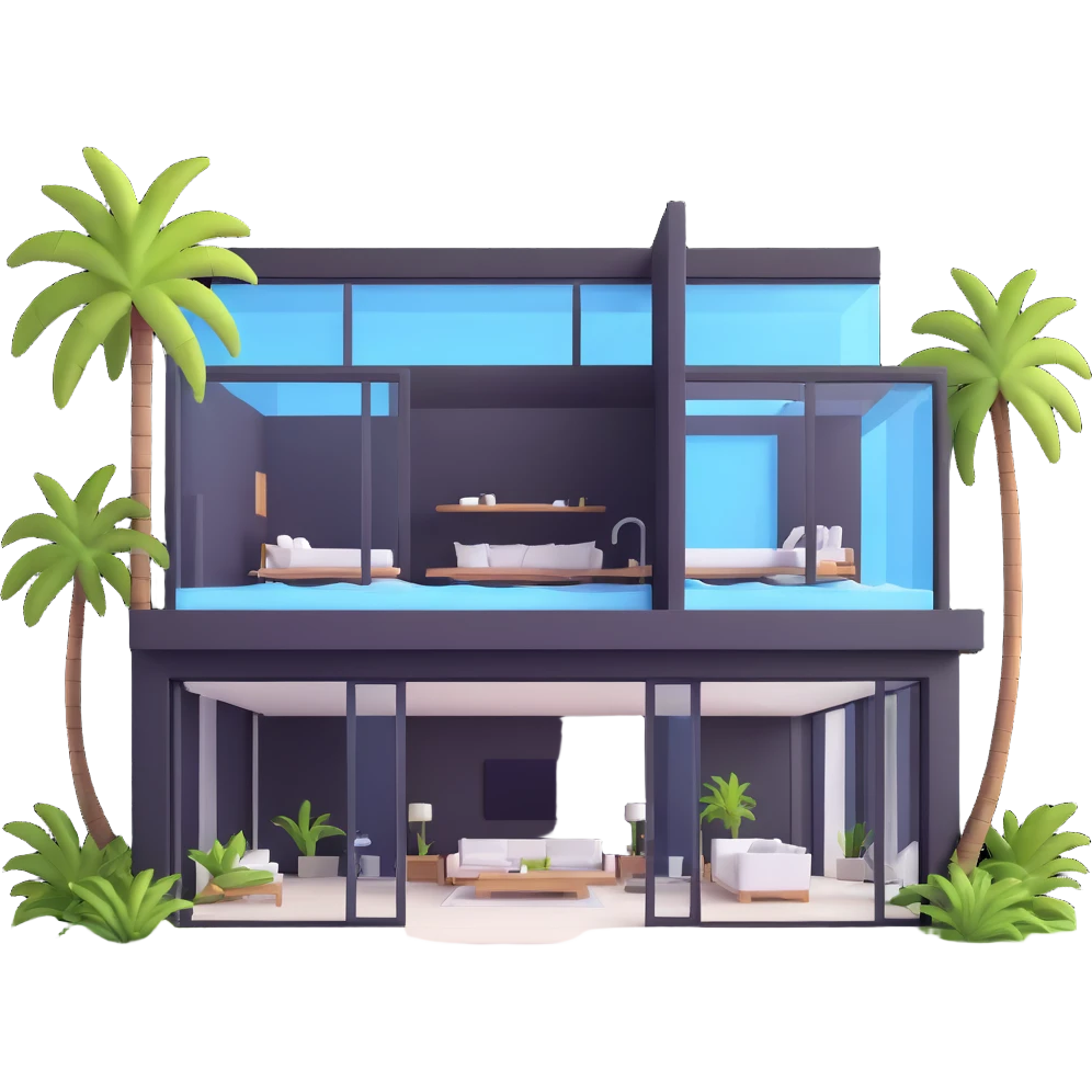 modern luxury mansion with an indoor pool visible through glass walls, palm trees emoji