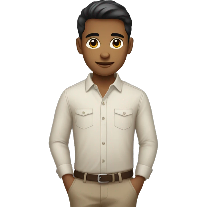Young man with medium skin tone, neutral expression, short dark hair, wearing a light-colored button-up shirt with small dots. emoji