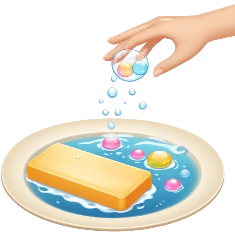 hands under running water with soap bubbles, plate of food nearby, clean and friendly emoji