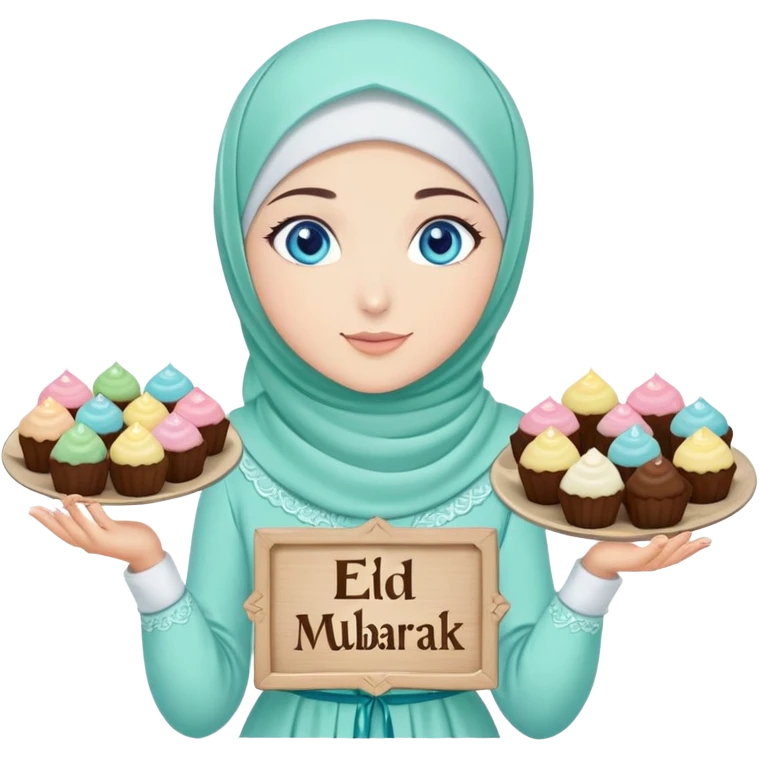 Turkish beautiful finish Konya girl blue eyes with mint hijab islamic dress and had on her hand text Eid Mubarak with sweets and celebrating with her friends eid days   emoji