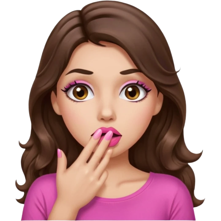 girl with long wavy brown hair, brown eyes, long lashes makeup, sexy pink lips, light to medium complexion, pink sexy top, shocked, hand covering mouth emoji