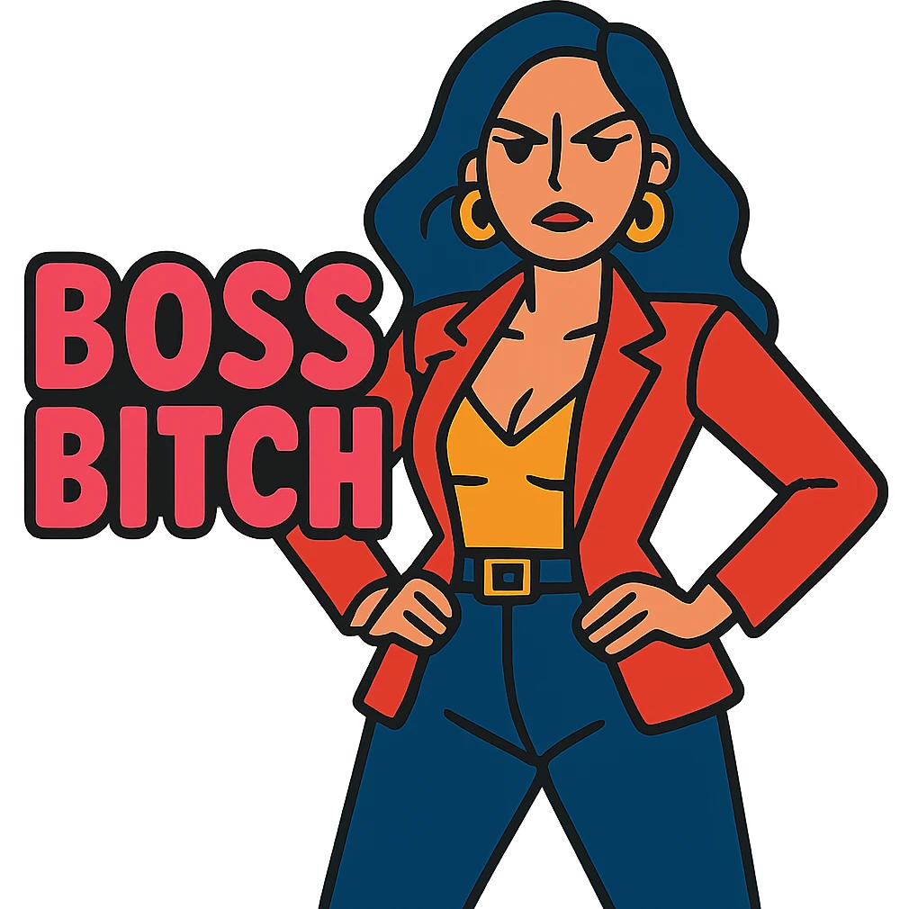 stern, sexy woman in a power pose with bold text 'Boss Bitch' in vibrant toon style emoji