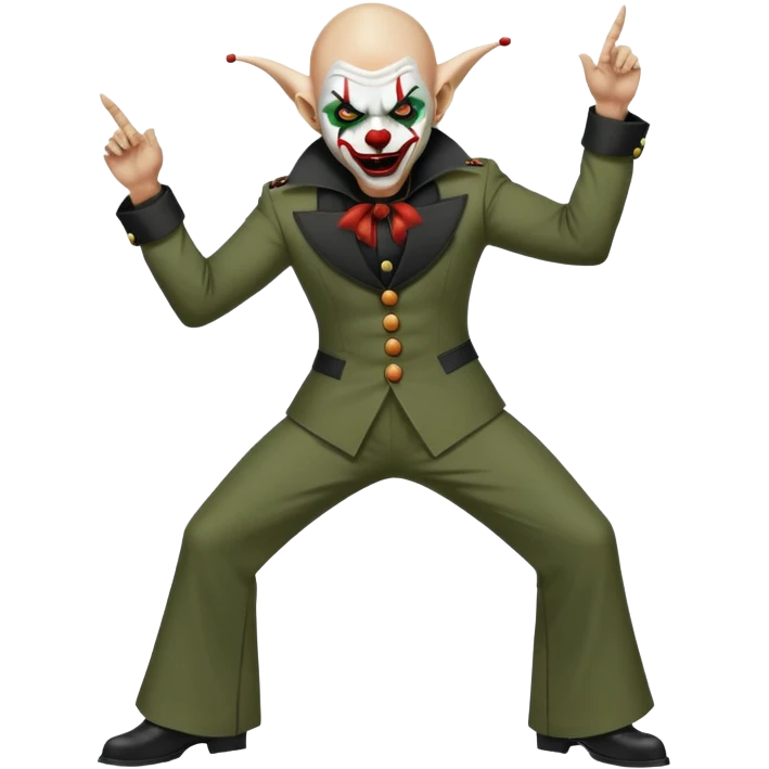 evil clown, bald, small black satan horns on forehead, fangs, pointed ears, black and military green leisure suit with bellbottom pants, realistically proportioned, less bulky, full body, battle-ready fighting posture emoji