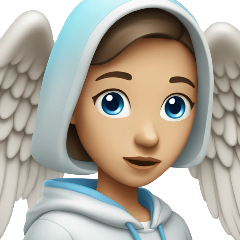 White brunette female Angel with blue eyes and dimples wearing a hoodie emoji