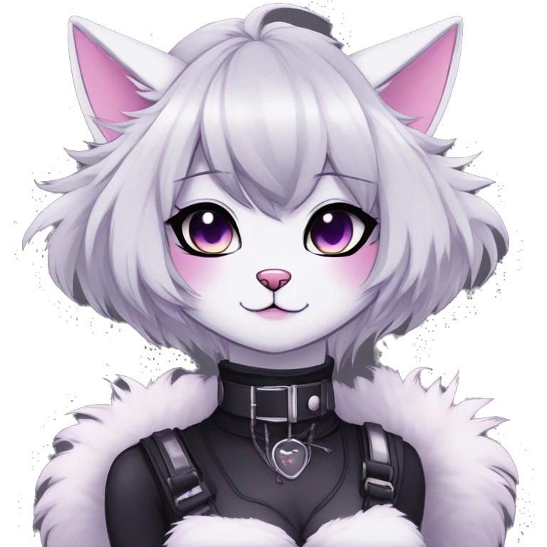 Gorgeous furry gothic dark techwear anime style anthro black cat furry sona Fakemon aesthetic and pretty edgy black with collar and harness trending style emoji