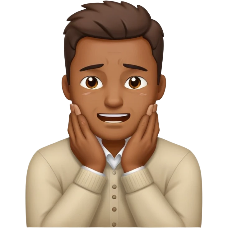 A man holding neck with both hands the hands are crosed and he is like crying smiling and he is angry emoji