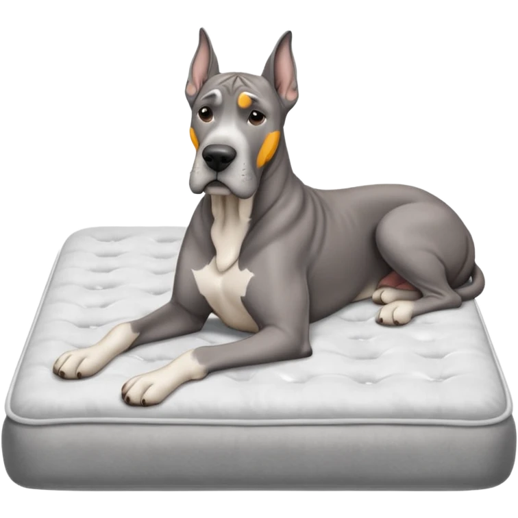 Gray Great Dane on king size mattress floppy ears white mattress  emoji