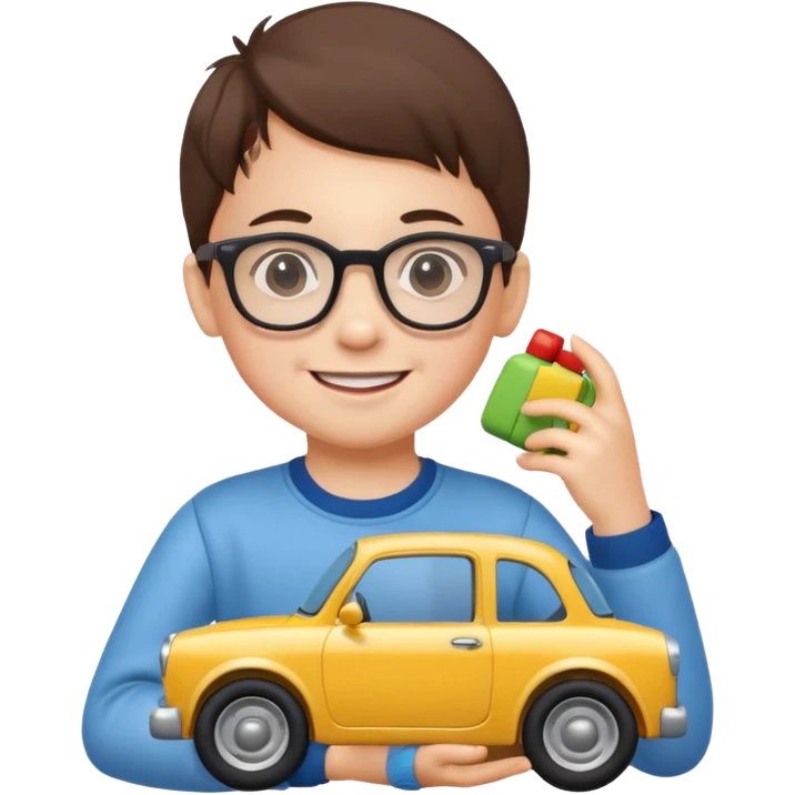 The child with glasses → is holding a toy car emoji