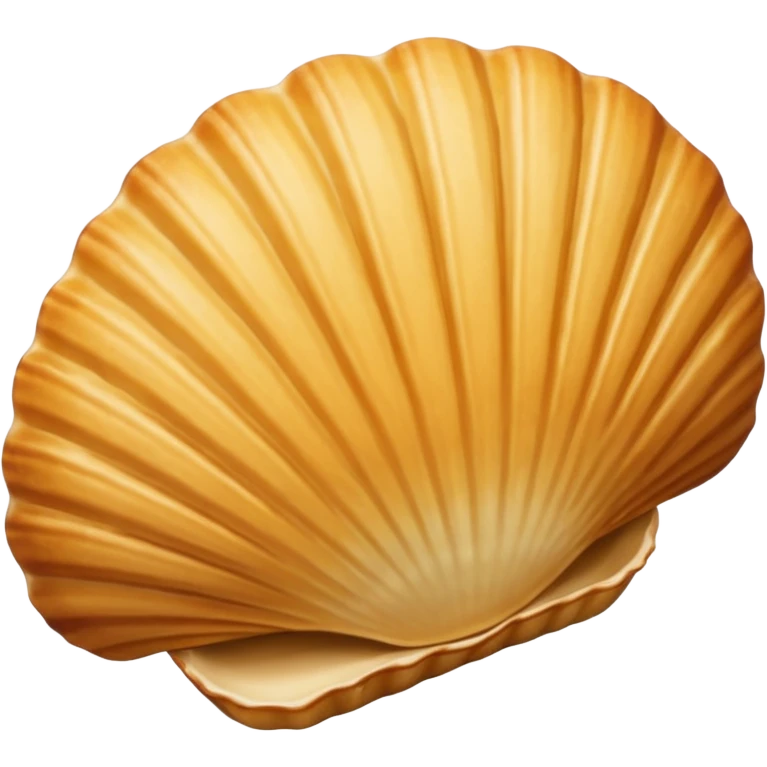 A madeleine pastry. Oval seashell shape with ONLY four to five vertical lines going in the same direction. Light golden brown. Scalloped edge. Cookie. Flat. Long. Oval shape. Lets scallops. Only four or five scalloped lines. Oblong shape. More length. emoji
