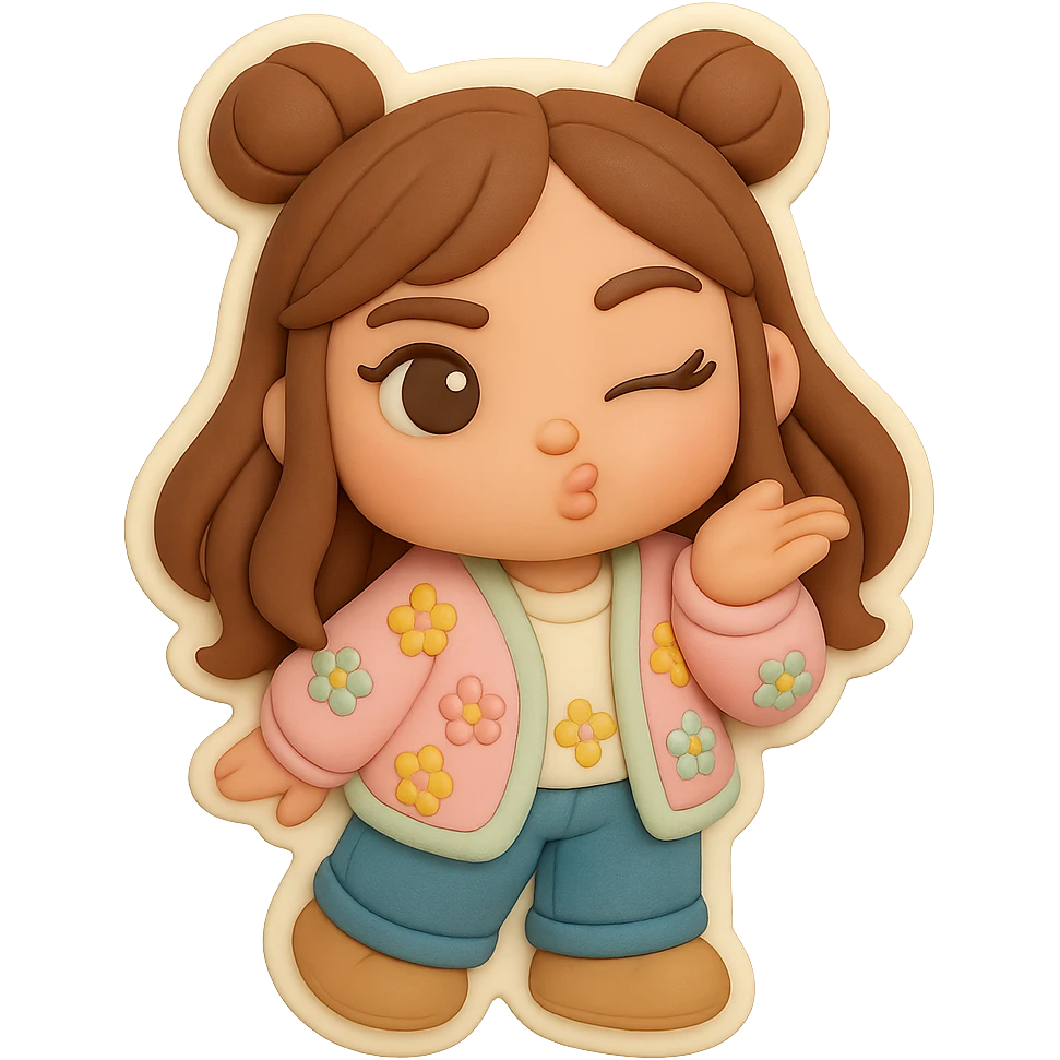 3D chibi fondant cake art style, high-quality rendering with smooth shadows and soft gradients. Girl based on reference image with preserved facial features and eye shape, long brown hair in two space buns, brown eyes, jeans, pastel floral cardigan, shoes, thick white outline like a sticker, transparent background. Blowing a kiss and winking. Ensure the face, hairstyle, eye shape, and shoes match the reference exactly. emoji