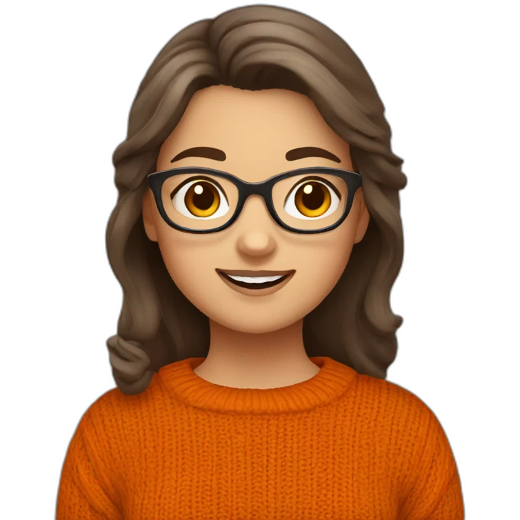 cute chubby girl with grey glasses brown hair waving wearing a dark orange sweater emoji