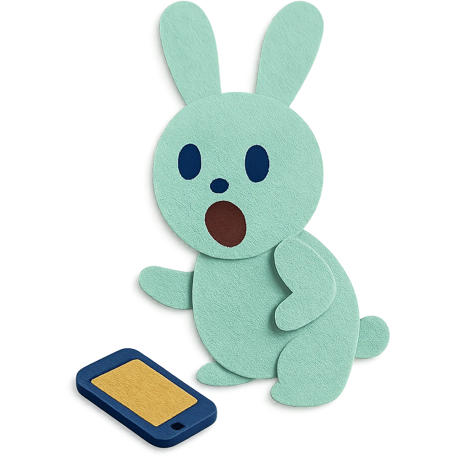 mint bunny shocked looking at phone on ground, paper-craft style emoji
