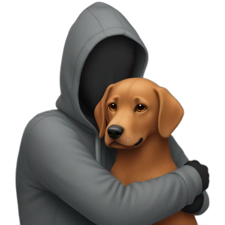 a slender man wear grey hoodie with and have a red beard hugging a black Labrador emoji