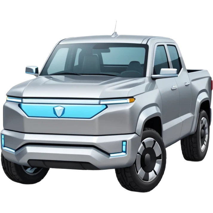 A futuristic electric pickup truck emoji, silver chrome body, angular cyber design, smooth metallic panels, subtle reflections, minimalistic proportions, iOS emoji style, centered composition, clean white background, soft lighting emoji
